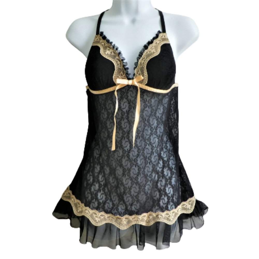 Linea Donatella Black Babydoll Nightie Nightgown Lace Bra Adj Straps Nylon L